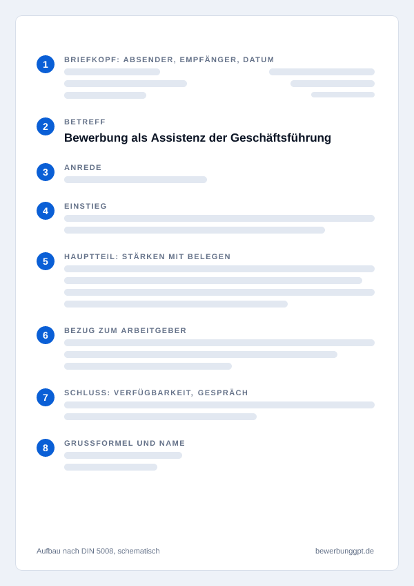 Aufbau eines Anschreibens als Assistenz der Geschäftsführung nach DIN 5008: Briefkopf, Betreff, Anrede, Einstieg, Hauptteil, Bezug zum Arbeitgeber, Schluss und Grußformel