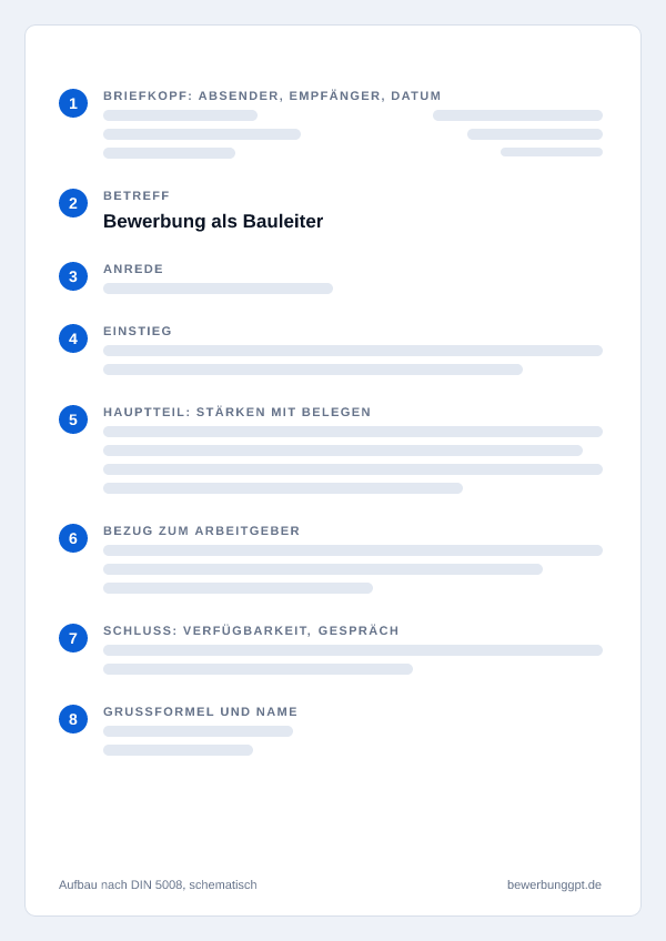 Aufbau eines Anschreibens als Bauleiter nach DIN 5008: Briefkopf, Betreff, Anrede, Einstieg, Hauptteil, Bezug zum Arbeitgeber, Schluss und Grußformel