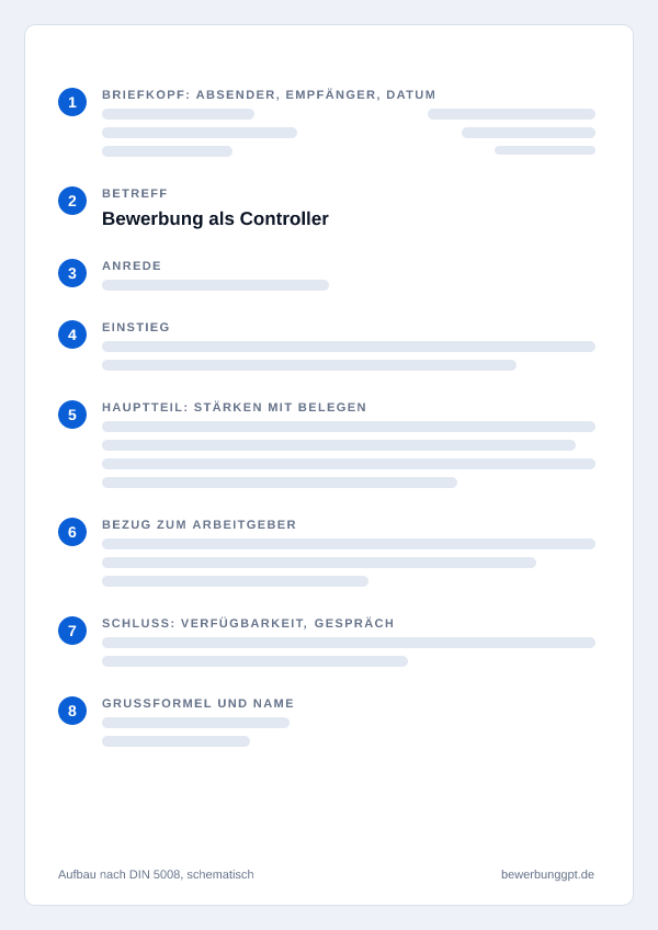 Aufbau eines Anschreibens als Controller nach DIN 5008: Briefkopf, Betreff, Anrede, Einstieg, Hauptteil, Bezug zum Arbeitgeber, Schluss und Grußformel