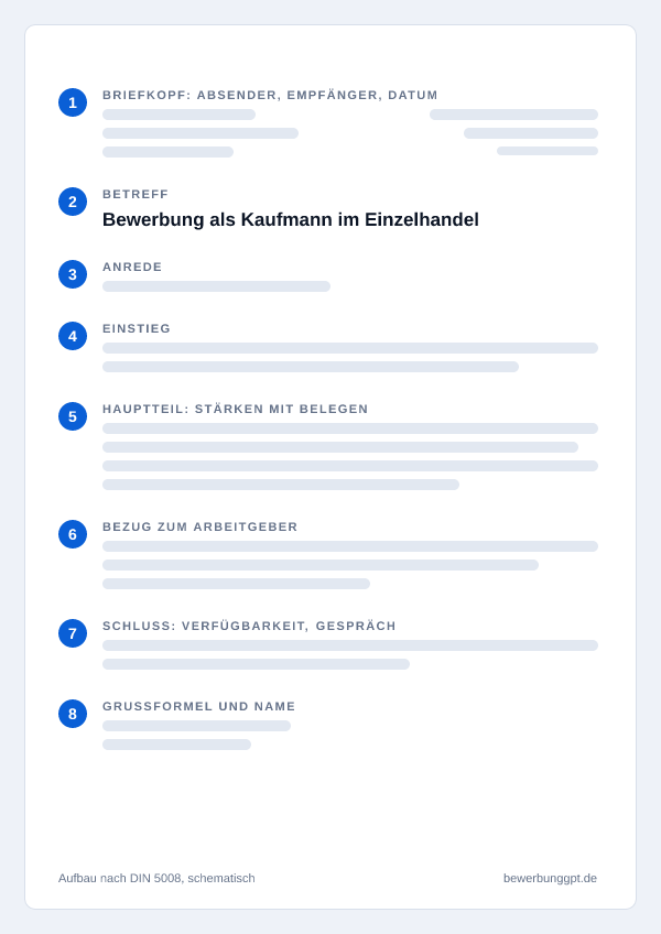 Aufbau eines Anschreibens als Kaufmann im Einzelhandel nach DIN 5008: Briefkopf, Betreff, Anrede, Einstieg, Hauptteil, Bezug zum Arbeitgeber, Schluss und Grußformel