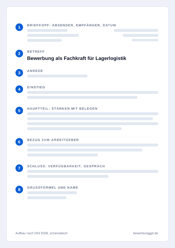 Aufbau eines Anschreibens als Fachkraft für Lagerlogistik nach DIN 5008: Briefkopf, Betreff, Anrede, Einstieg, Hauptteil, Bezug zum Arbeitgeber, Schluss und Grußformel