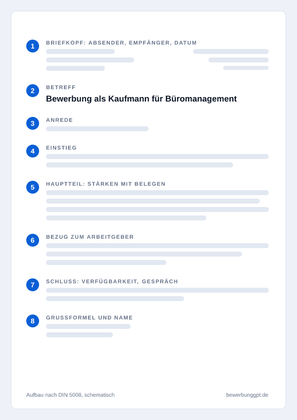 Aufbau eines Anschreibens als Kaufmann für Büromanagement nach DIN 5008: Briefkopf, Betreff, Anrede, Einstieg, Hauptteil, Bezug zum Arbeitgeber, Schluss und Grußformel