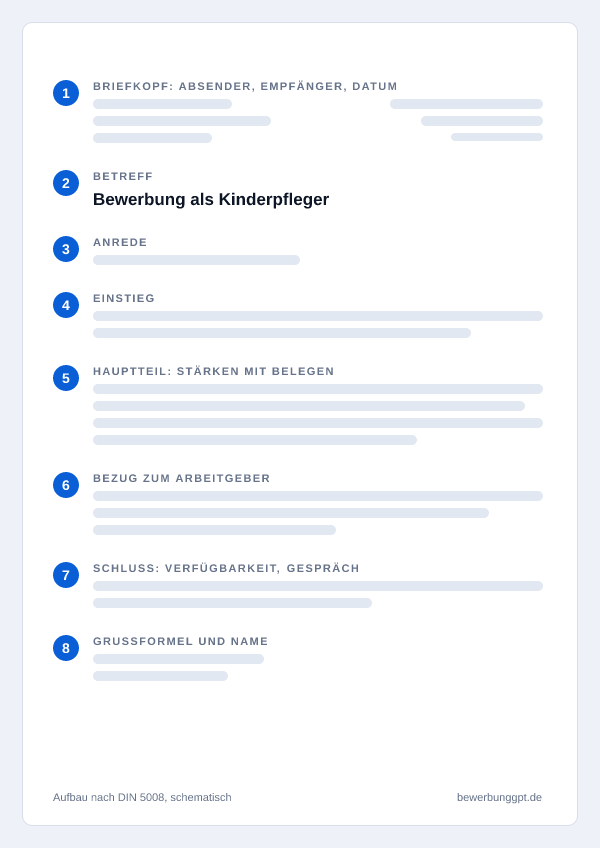 Aufbau eines Anschreibens als Kinderpfleger nach DIN 5008: Briefkopf, Betreff, Anrede, Einstieg, Hauptteil, Bezug zum Arbeitgeber, Schluss und Grußformel