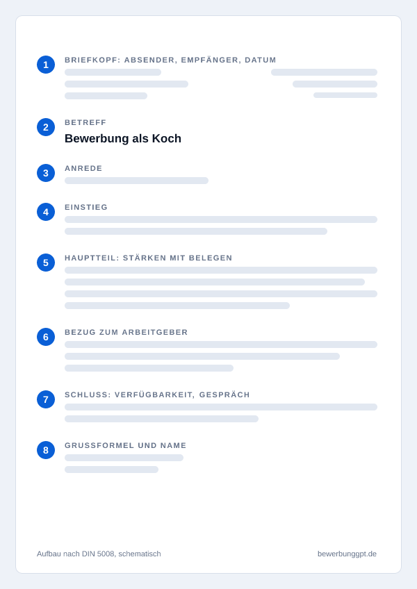 Aufbau eines Anschreibens als Koch nach DIN 5008: Briefkopf, Betreff, Anrede, Einstieg, Hauptteil, Bezug zum Arbeitgeber, Schluss und Grußformel