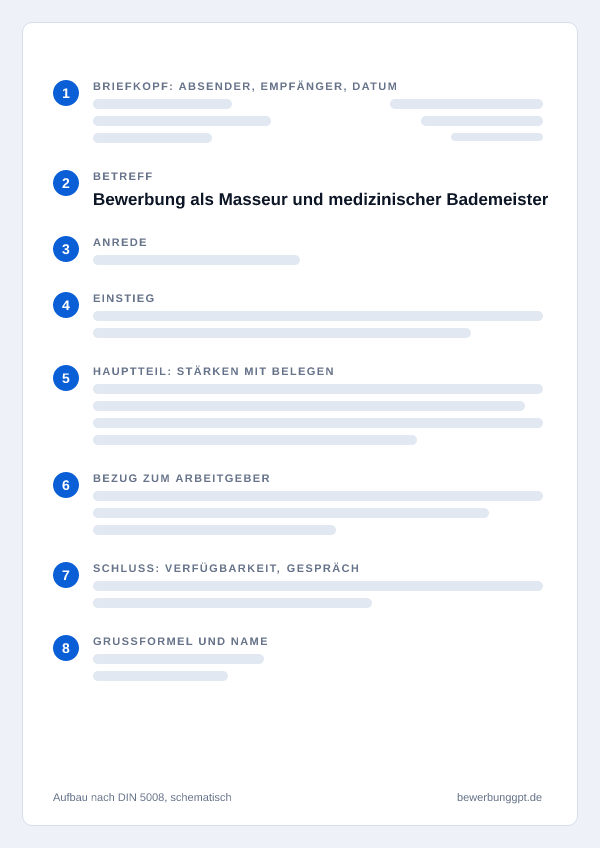 Aufbau eines Anschreibens als Masseur und medizinischer Bademeister nach DIN 5008: Briefkopf, Betreff, Anrede, Einstieg, Hauptteil, Bezug zum Arbeitgeber, Schluss und Grußformel