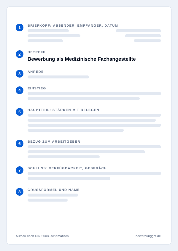 Aufbau eines Anschreibens als Medizinische Fachangestellte nach DIN 5008: Briefkopf, Betreff, Anrede, Einstieg, Hauptteil, Bezug zum Arbeitgeber, Schluss und Grußformel