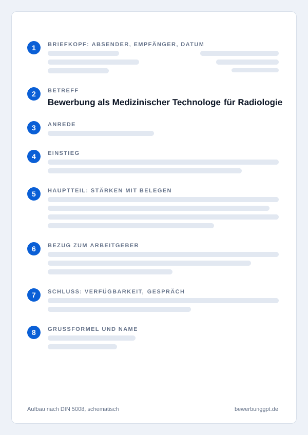 Aufbau eines Anschreibens als Medizinischer Technologe für Radiologie nach DIN 5008: Briefkopf, Betreff, Anrede, Einstieg, Hauptteil, Bezug zum Arbeitgeber, Schluss und Grußformel