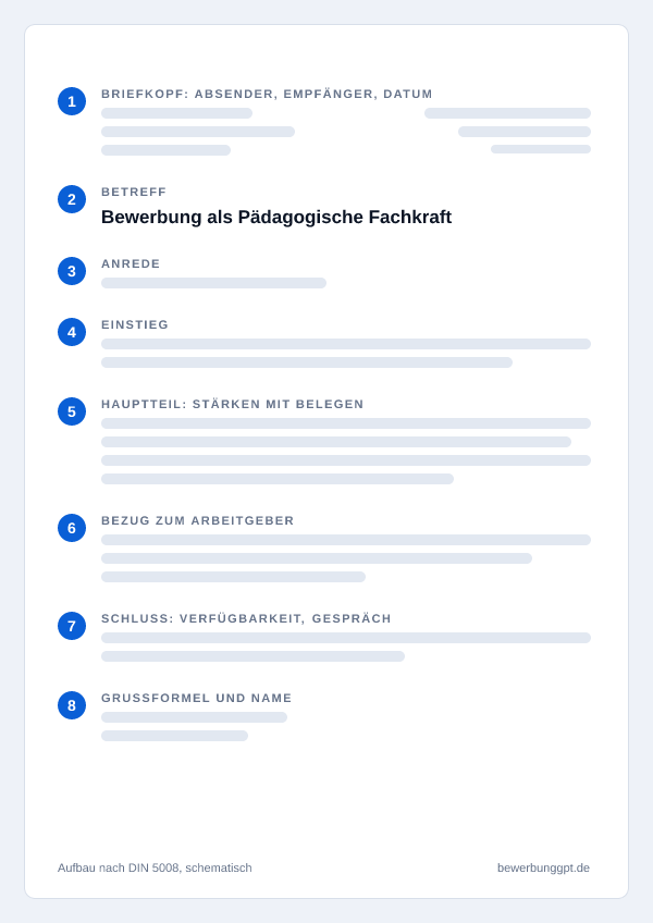 Aufbau eines Anschreibens als Pädagogische Fachkraft nach DIN 5008: Briefkopf, Betreff, Anrede, Einstieg, Hauptteil, Bezug zum Arbeitgeber, Schluss und Grußformel