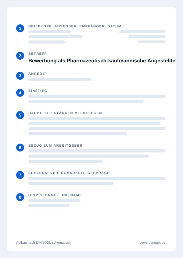 Aufbau eines Anschreibens als Pharmazeutisch-kaufmännische Angestellte nach DIN 5008: Briefkopf, Betreff, Anrede, Einstieg, Hauptteil, Bezug zum Arbeitgeber, Schluss und Grußformel