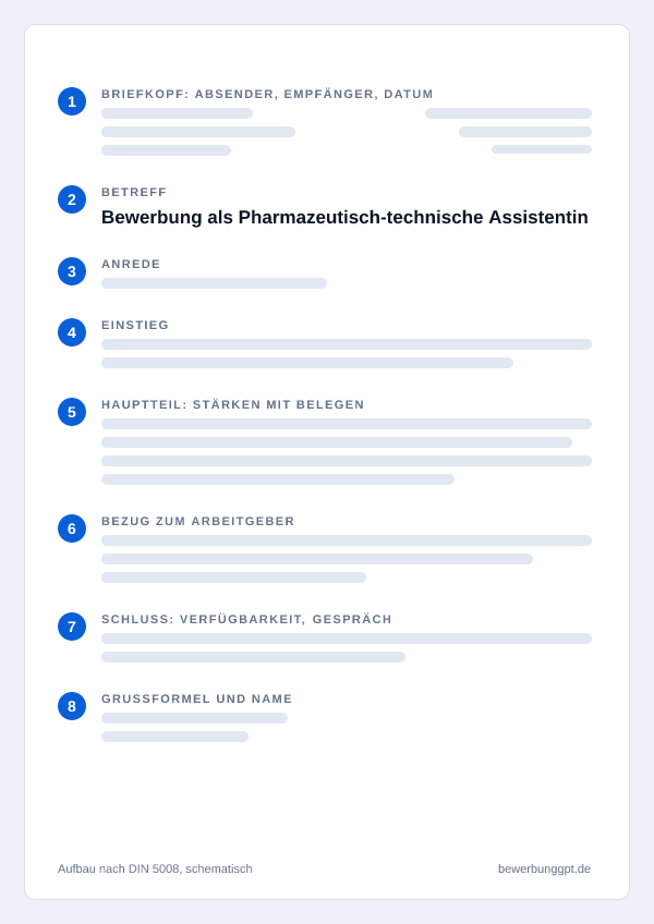 Aufbau eines Anschreibens als Pharmazeutisch-technische Assistentin nach DIN 5008: Briefkopf, Betreff, Anrede, Einstieg, Hauptteil, Bezug zum Arbeitgeber, Schluss und Grußformel