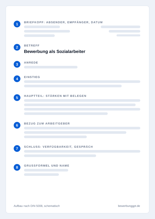 Aufbau eines Anschreibens als Sozialarbeiter nach DIN 5008: Briefkopf, Betreff, Anrede, Einstieg, Hauptteil, Bezug zum Arbeitgeber, Schluss und Grußformel