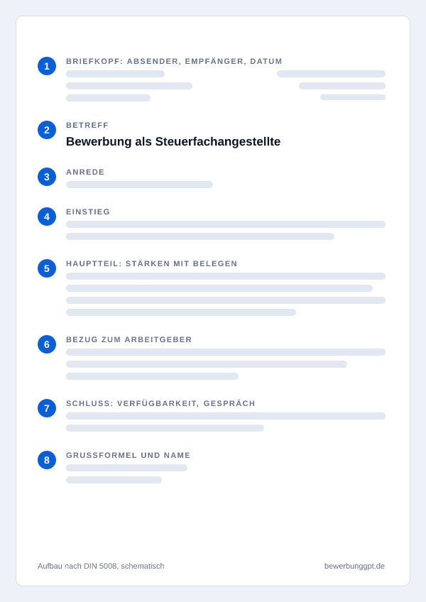 Aufbau eines Anschreibens als Steuerfachangestellte nach DIN 5008: Briefkopf, Betreff, Anrede, Einstieg, Hauptteil, Bezug zum Arbeitgeber, Schluss und Grußformel