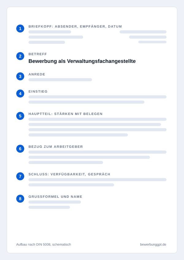 Aufbau eines Anschreibens als Verwaltungsfachangestellte nach DIN 5008: Briefkopf, Betreff, Anrede, Einstieg, Hauptteil, Bezug zum Arbeitgeber, Schluss und Grußformel