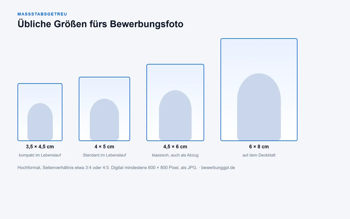 Vier Bewerbungsfoto-Formate maßstabsgetreu nebeneinander: 3,5 mal 4,5, 4 mal 5, 4,5 mal 6 und 6 mal 8 Zentimeter