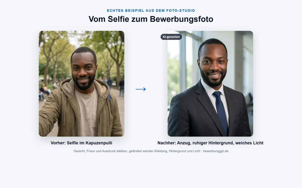 Vorher-Nachher-Beispiel: links ein Selfie im Kapuzenpulli, rechts dasselbe Gesicht als Bewerbungsfoto im Anzug vor ruhigem Hintergrund, gekennzeichnet als KI-generiert