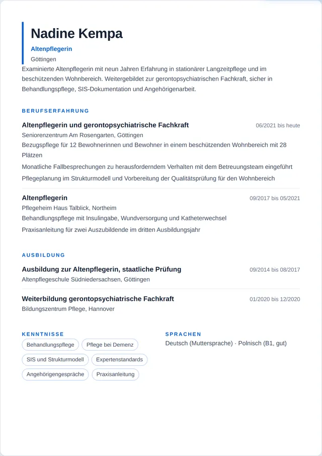 Beispiel-Lebenslauf als Altenpfleger mit fiktiven Angaben: Nadine Kempa, Altenpflegerin