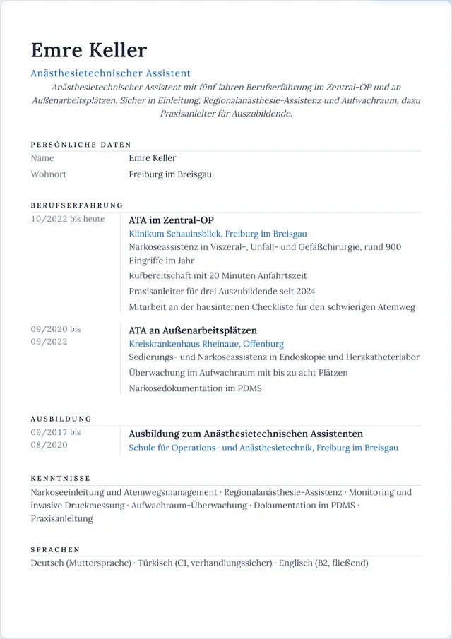 Beispiel-Lebenslauf als Anästhesietechnische Assistenz mit fiktiven Angaben: Emre Keller, Anästhesietechnischer Assistent