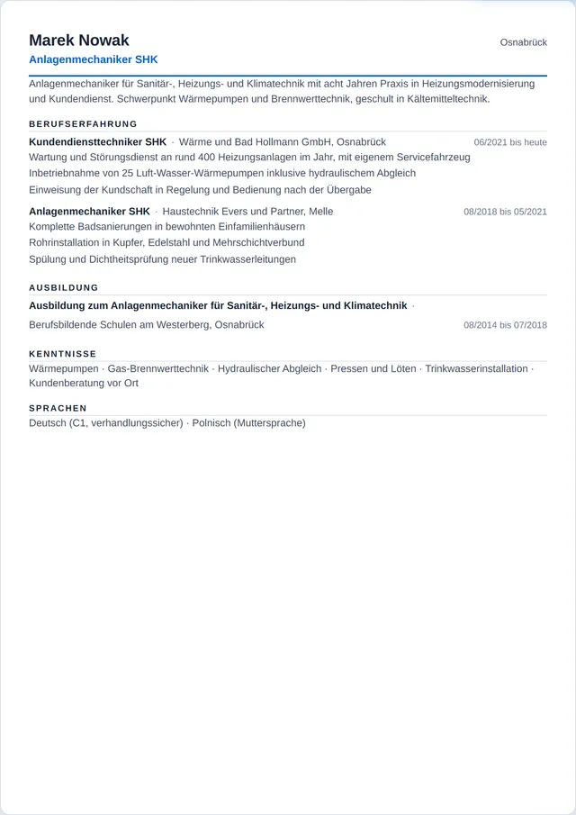 Beispiel-Lebenslauf als Anlagenmechaniker SHK mit fiktiven Angaben: Marek Nowak, Anlagenmechaniker SHK