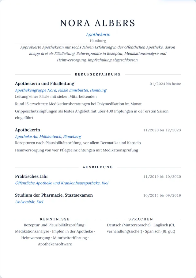 Beispiel-Lebenslauf als Apotheker mit fiktiven Angaben: Nora Albers, Apothekerin