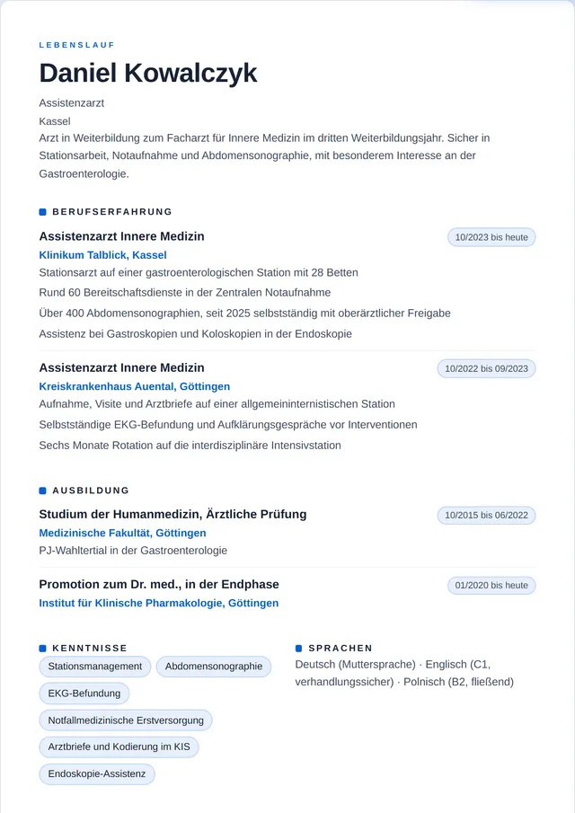 Beispiel-Lebenslauf als Assistenzarzt mit fiktiven Angaben: Daniel Kowalczyk, Assistenzarzt