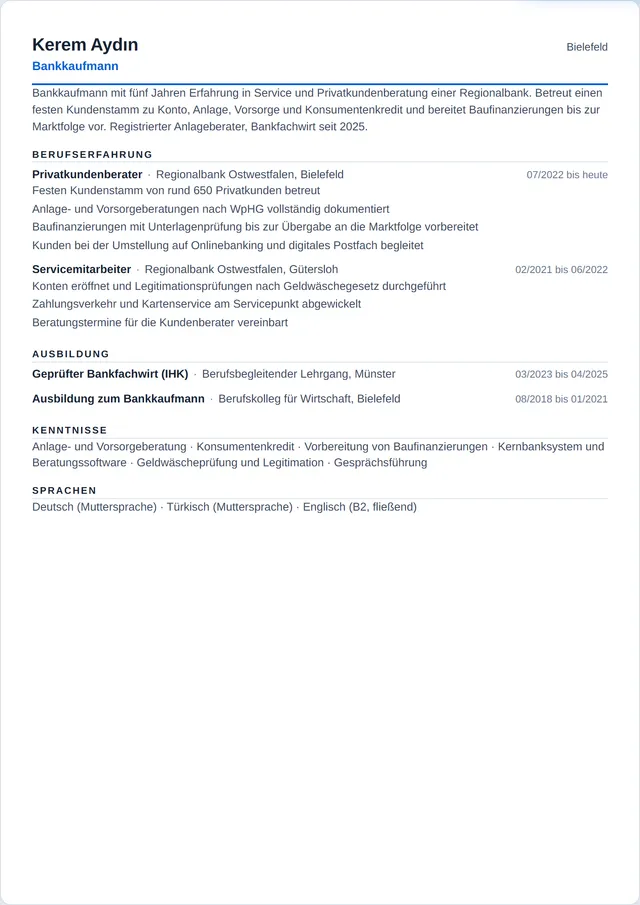 Beispiel-Lebenslauf als Bankkaufmann mit fiktiven Angaben: Kerem Aydın, Bankkaufmann