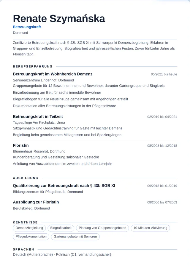 Beispiel-Lebenslauf als Betreuungskraft mit fiktiven Angaben: Renate Szymańska, Betreuungskraft
