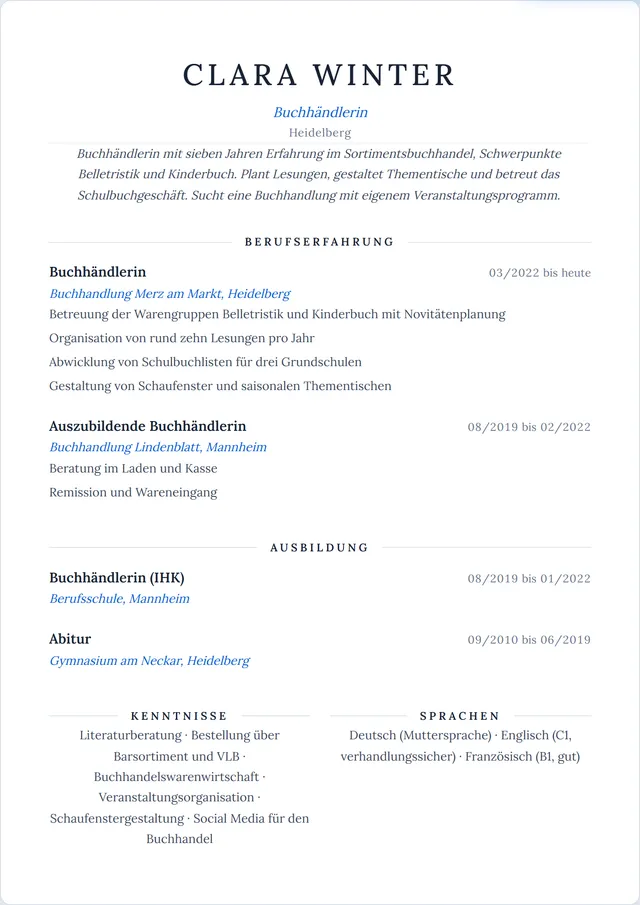 Beispiel-Lebenslauf als Buchhändler mit fiktiven Angaben: Clara Winter, Buchhändlerin