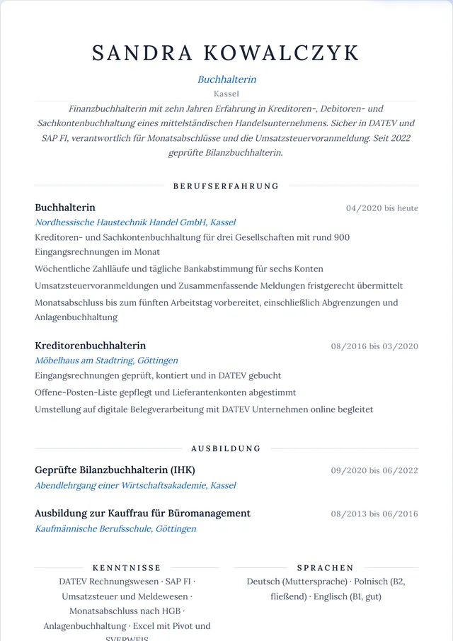 Beispiel-Lebenslauf als Buchhalter mit fiktiven Angaben: Sandra Kowalczyk, Buchhalterin
