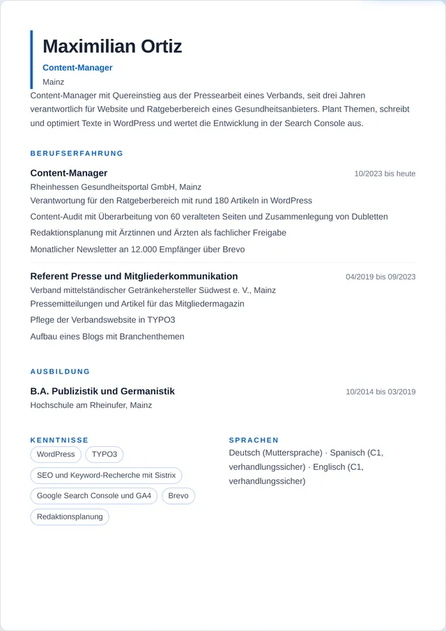 Beispiel-Lebenslauf als Content-Manager mit fiktiven Angaben: Maximilian Ortiz, Content-Manager