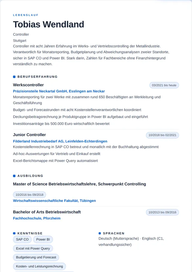 Beispiel-Lebenslauf als Controller mit fiktiven Angaben: Tobias Wendland, Controller