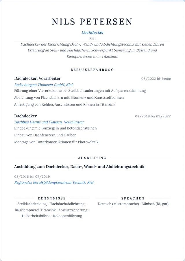 Beispiel-Lebenslauf als Dachdecker mit fiktiven Angaben: Nils Petersen, Dachdecker