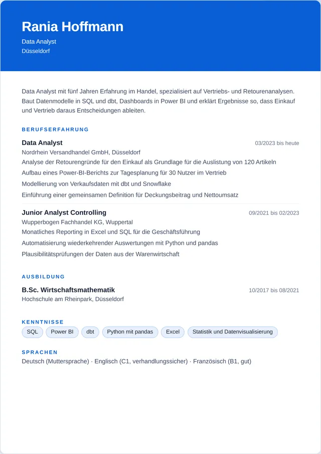 Beispiel-Lebenslauf als Data Analyst mit fiktiven Angaben: Rania Hoffmann, Data Analyst