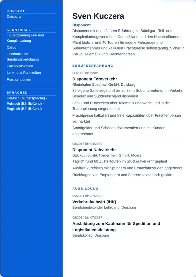 Beispiel-Lebenslauf als Disponent mit fiktiven Angaben: Sven Kuczera, Disponent