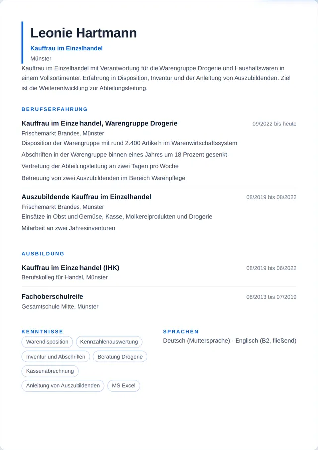Beispiel-Lebenslauf als Kaufmann im Einzelhandel mit fiktiven Angaben: Leonie Hartmann, Kauffrau im Einzelhandel