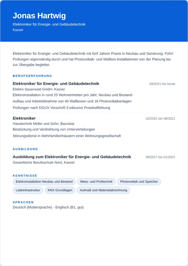 Beispiel-Lebenslauf als Elektroniker mit fiktiven Angaben: Jonas Hartwig, Elektroniker für Energie- und Gebäudetechnik
