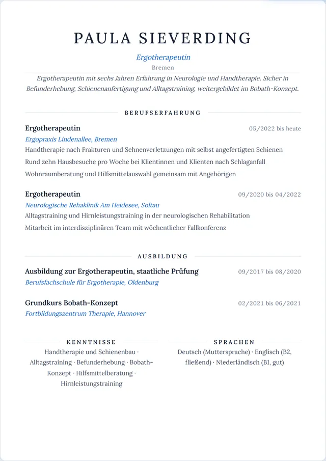 Beispiel-Lebenslauf als Ergotherapeut mit fiktiven Angaben: Paula Sieverding, Ergotherapeutin