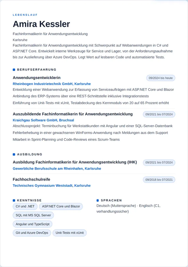 Beispiel-Lebenslauf als Fachinformatiker Anwendungsentwicklung mit fiktiven Angaben: Amira Kessler, Fachinformatikerin für Anwendungsentwicklung