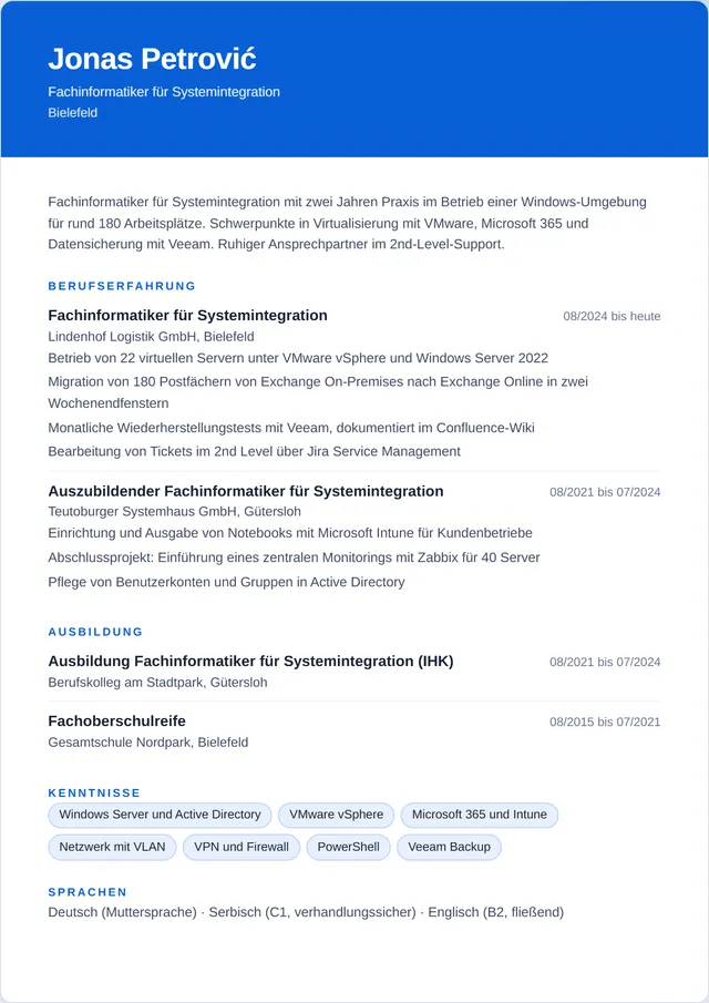 Beispiel-Lebenslauf als Fachinformatiker Systemintegration mit fiktiven Angaben: Jonas Petrović, Fachinformatiker für Systemintegration