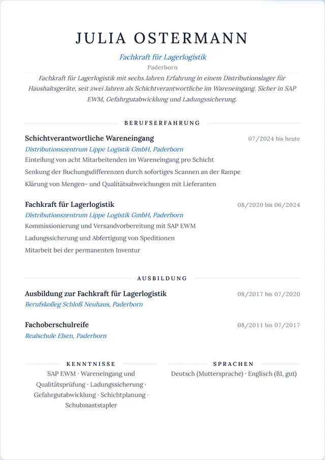 Beispiel-Lebenslauf als Fachkraft für Lagerlogistik mit fiktiven Angaben: Julia Ostermann, Fachkraft für Lagerlogistik