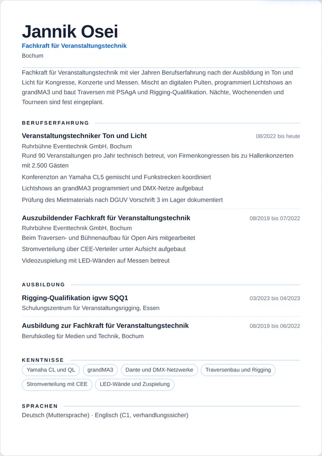 Beispiel-Lebenslauf als Fachkraft für Veranstaltungstechnik mit fiktiven Angaben: Jannik Osei, Fachkraft für Veranstaltungstechnik