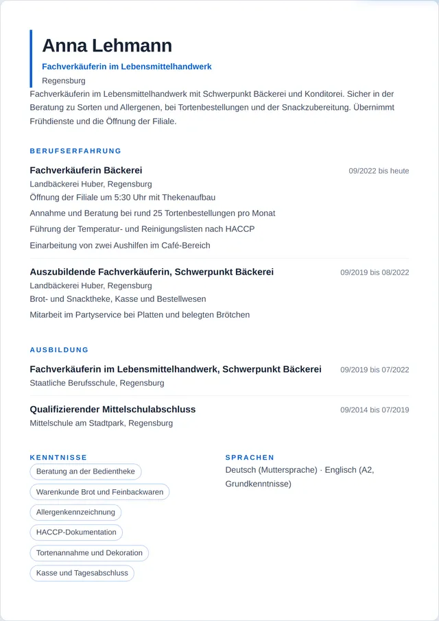 Beispiel-Lebenslauf als Fachverkäufer im Lebensmittelhandwerk mit fiktiven Angaben: Anna Lehmann, Fachverkäuferin im Lebensmittelhandwerk