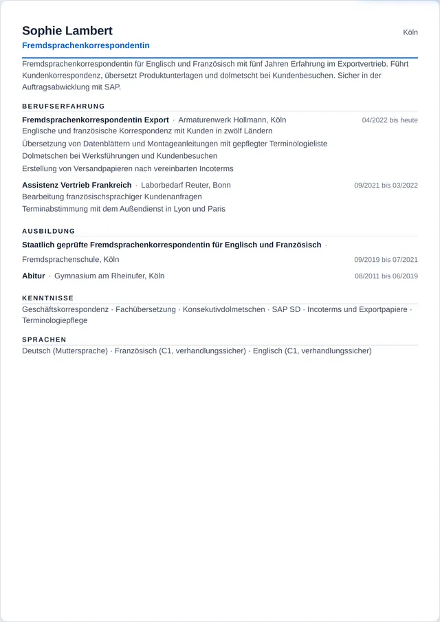 Beispiel-Lebenslauf als Fremdsprachenkorrespondent mit fiktiven Angaben: Sophie Lambert, Fremdsprachenkorrespondentin