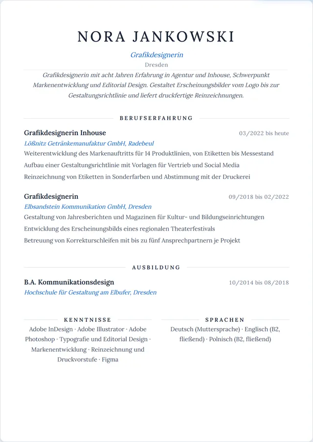 Beispiel-Lebenslauf als Grafikdesigner mit fiktiven Angaben: Nora Jankowski, Grafikdesignerin