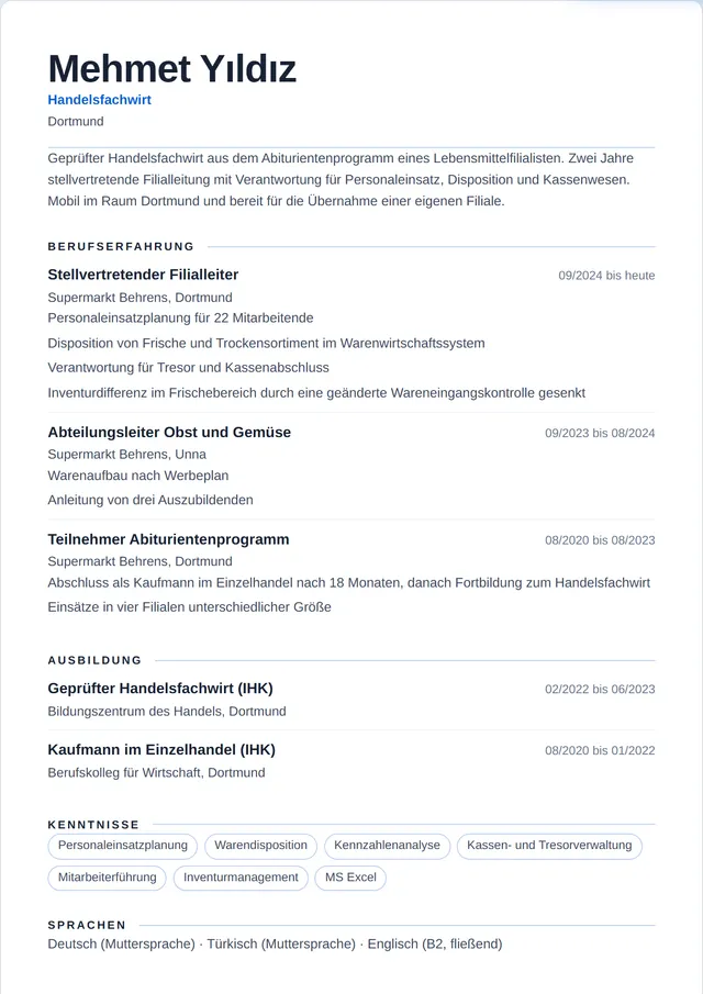 Beispiel-Lebenslauf als Handelsfachwirt mit fiktiven Angaben: Mehmet Yıldız, Handelsfachwirt