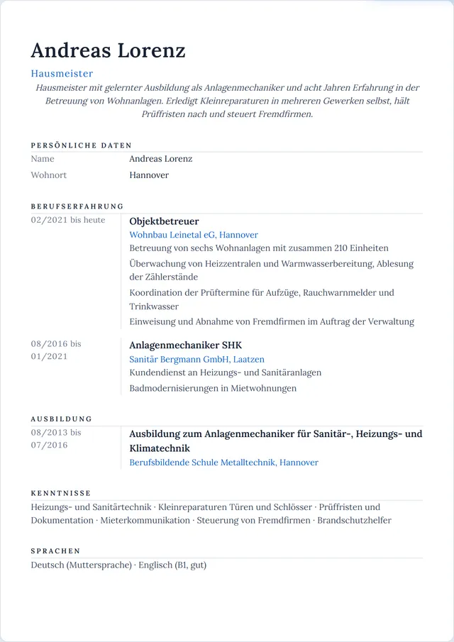 Beispiel-Lebenslauf als Hausmeister mit fiktiven Angaben: Andreas Lorenz, Hausmeister