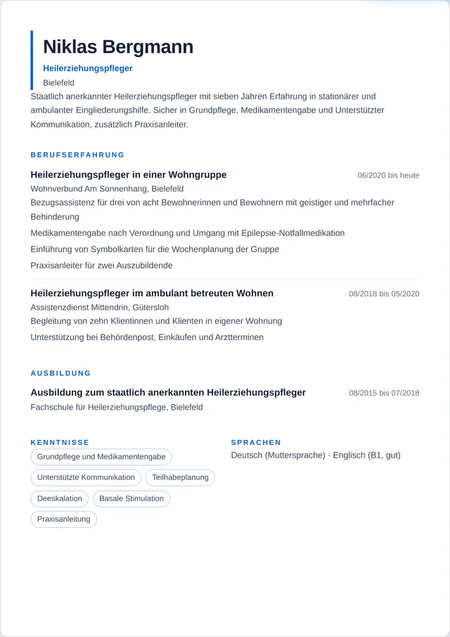Beispiel-Lebenslauf als Heilerziehungspfleger mit fiktiven Angaben: Niklas Bergmann, Heilerziehungspfleger