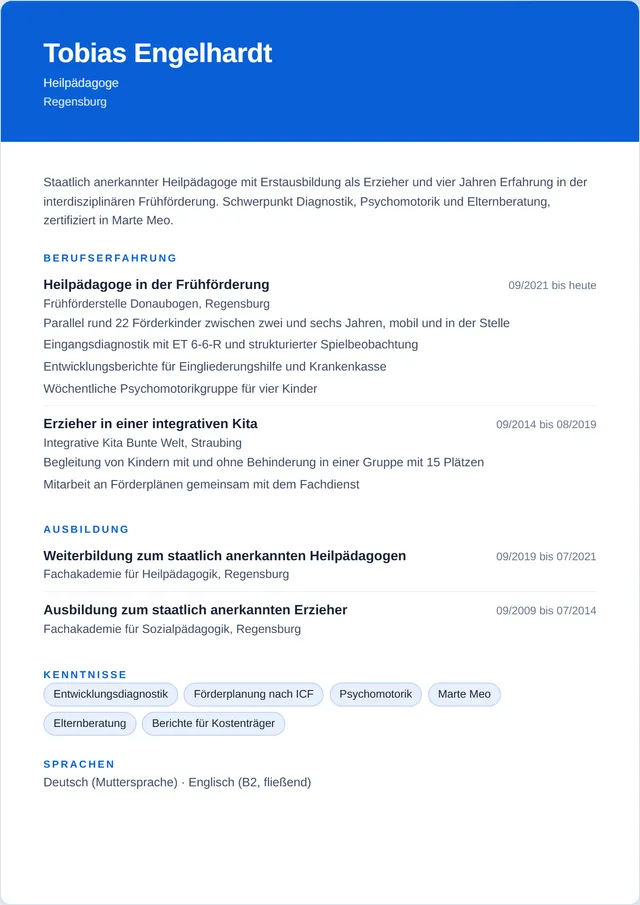 Beispiel-Lebenslauf als Heilpädagoge mit fiktiven Angaben: Tobias Engelhardt, Heilpädagoge