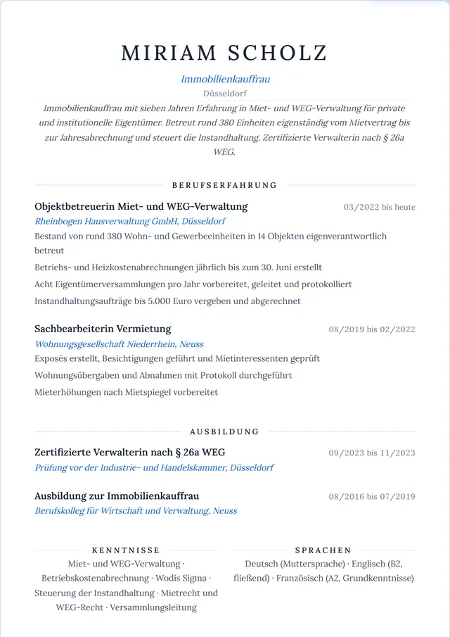 Beispiel-Lebenslauf als Immobilienkaufmann mit fiktiven Angaben: Miriam Scholz, Immobilienkauffrau