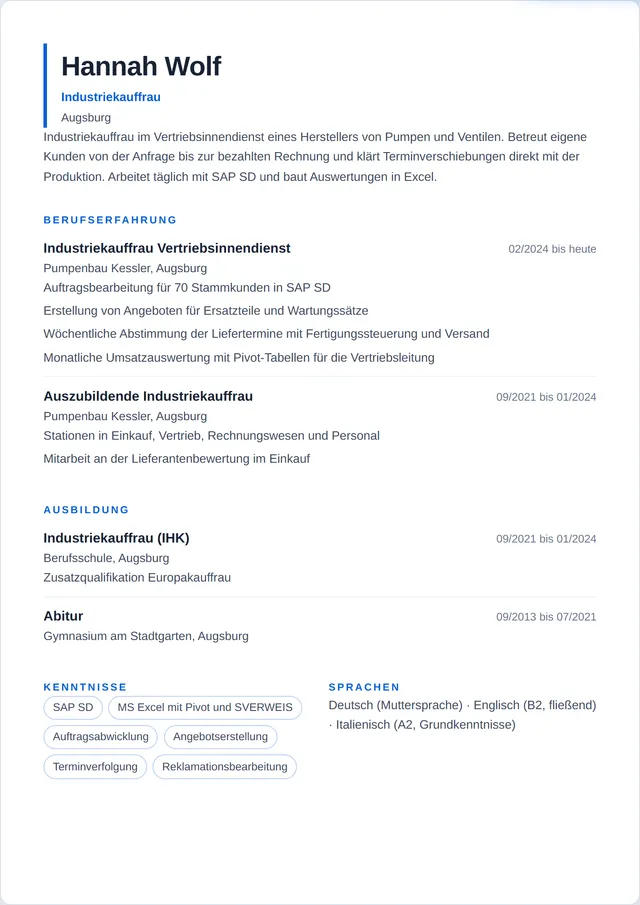 Beispiel-Lebenslauf als Industriekaufmann mit fiktiven Angaben: Hannah Wolf, Industriekauffrau