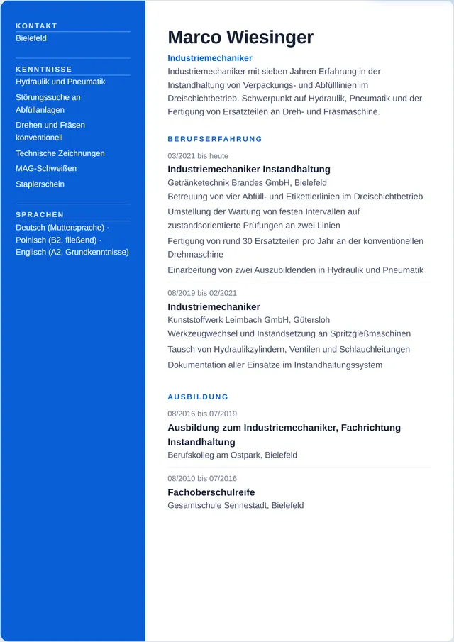 Beispiel-Lebenslauf als Industriemechaniker mit fiktiven Angaben: Marco Wiesinger, Industriemechaniker
